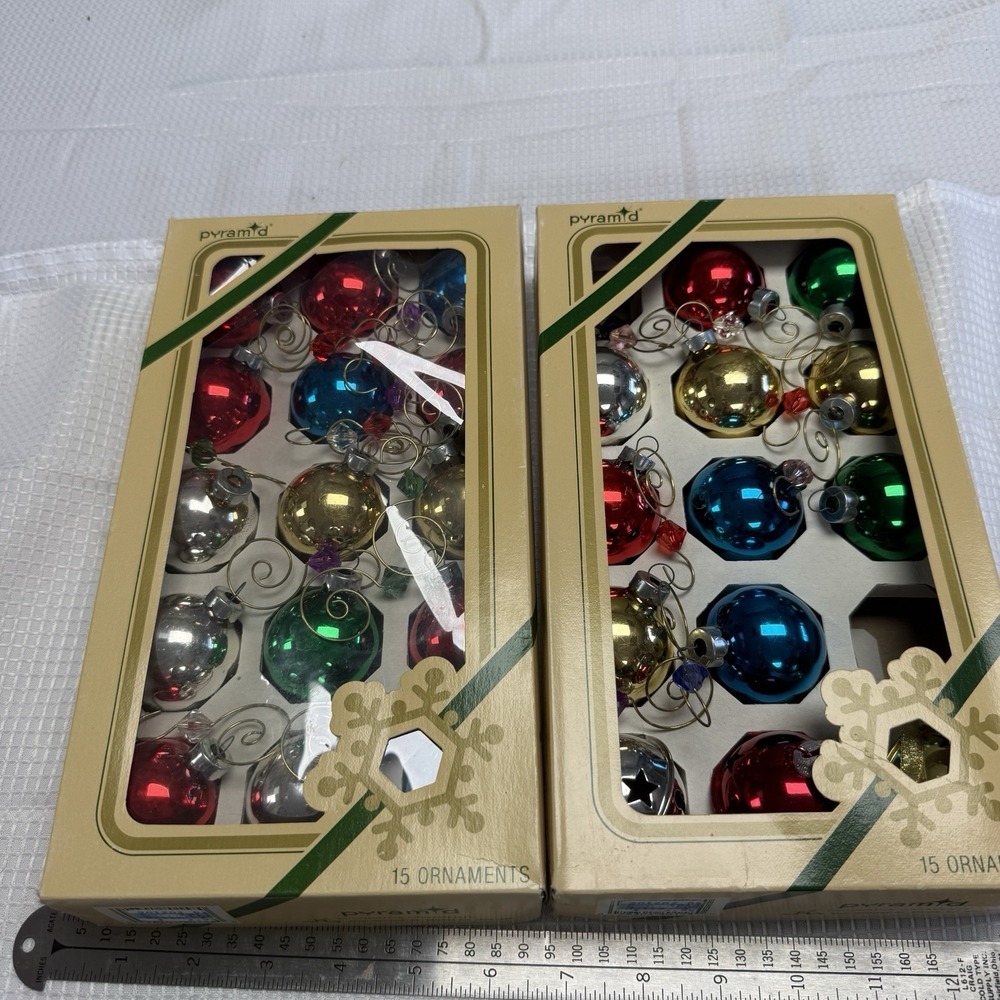 Vintage Pyramid Glass 29 Multi Color 1.5" Christmas Tree Ornaments USA 2 Boxes